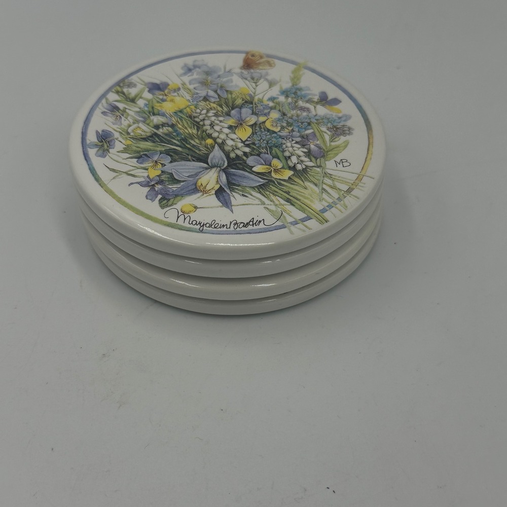 VTG Marjolein Bastin Coasters Set 4 Multicolor Floral Ceramic Cork Nature Art